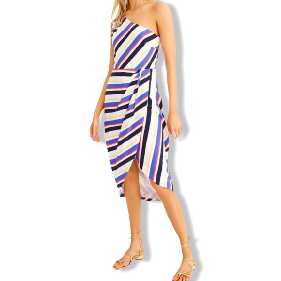 J. Crew Silk One-Shoulder Dress in Primary Stripe Wrap Tulip Size 8 - Picture 1 of 7